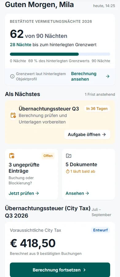 Große VermietNavi Übersicht mit Nächten, Aufgaben, Dokumenten und City-Tax-Entwurf